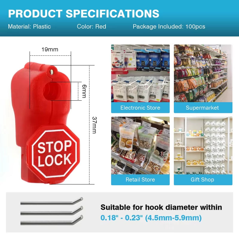 100Pcs 6Mm Plastic Anti-Theft Locks Unlock Device Retail Shop Supermarket Peg Hook Stop Lock Pegboard Safety Display Hook Lock